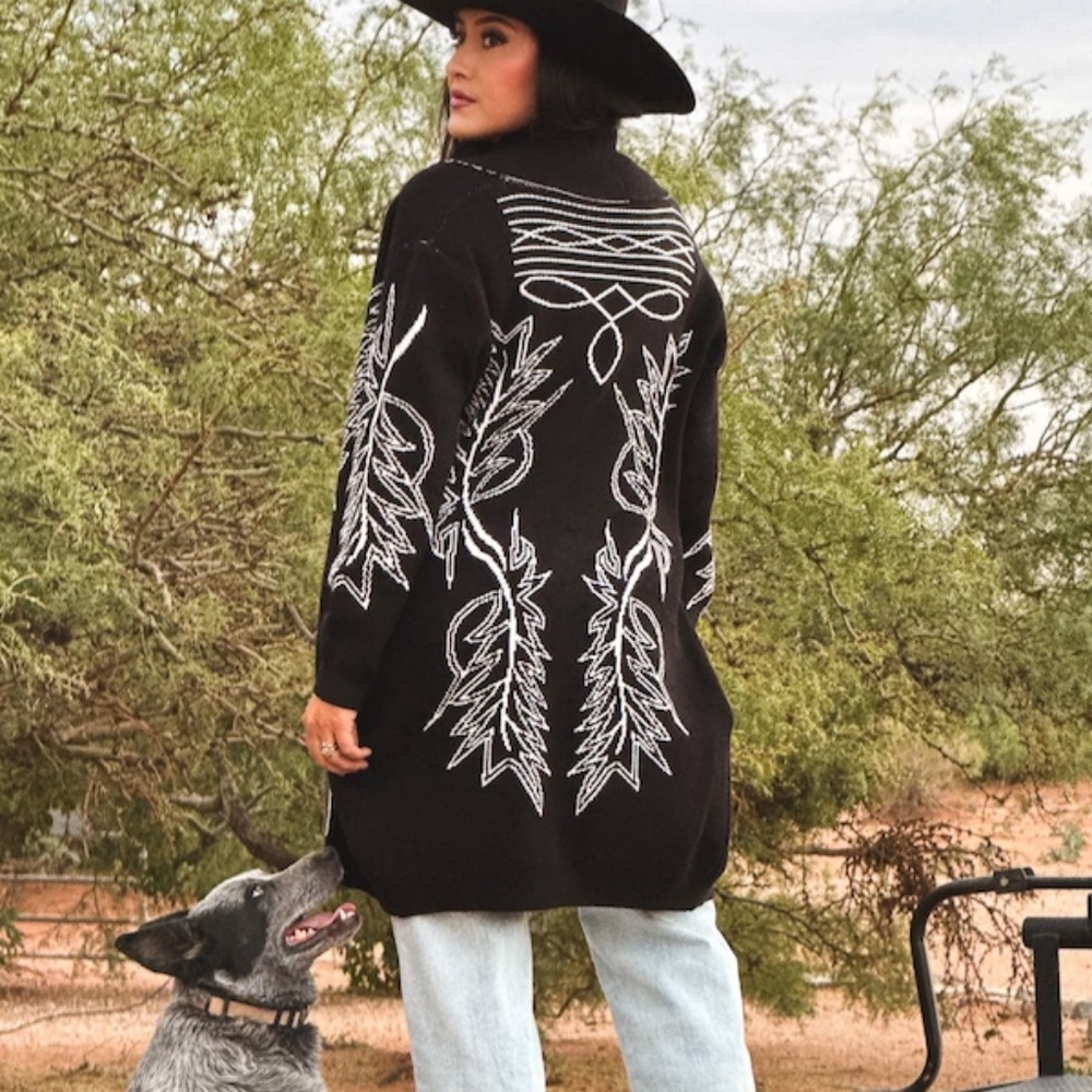 NWT Western Black Knitted Soft Boot Stitch Detail Cardigan With Pockets